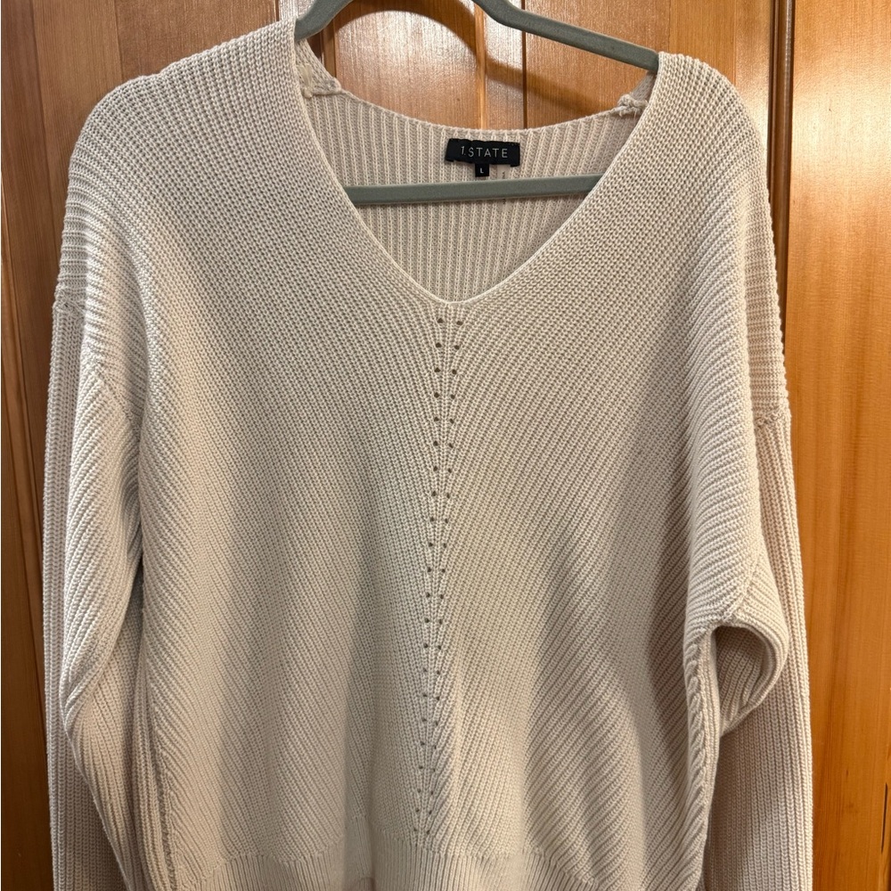 1. State Cream V-Neck Textured Knit Sweater